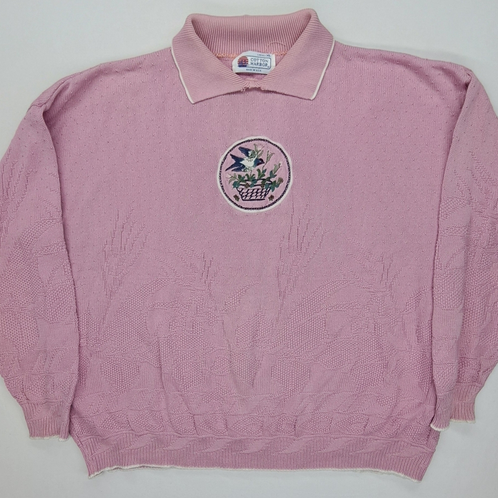 Vintage Pink Bird Patterned Knit Collared Sweater XL Cottagecore Granny Chic
